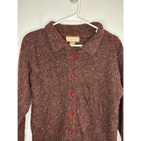 KAMAL Wool Blend Cardigan Womens M Brown Colorful Collared - Picture 3 of 5
